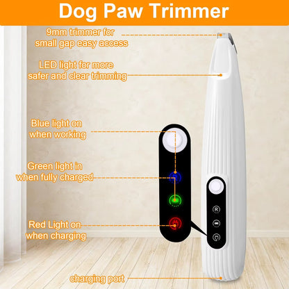 Portable Dog Paw Trimmer with LED Light Waterproof Electric Pet Hair Clipper Low Noise Face Feet Ear Hip Hair Paw Shaver